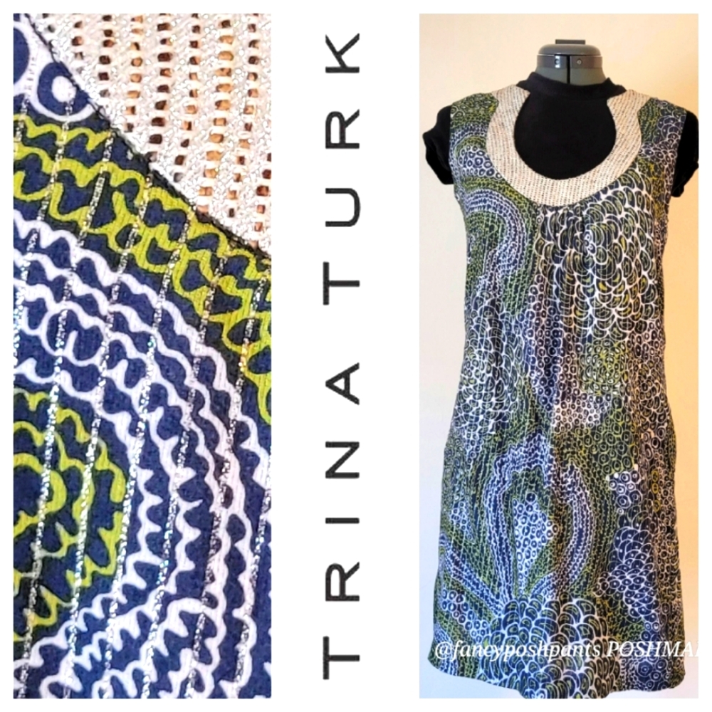 TRINA TURK metallic detail  green blue high quality cotton fully lined dress lux